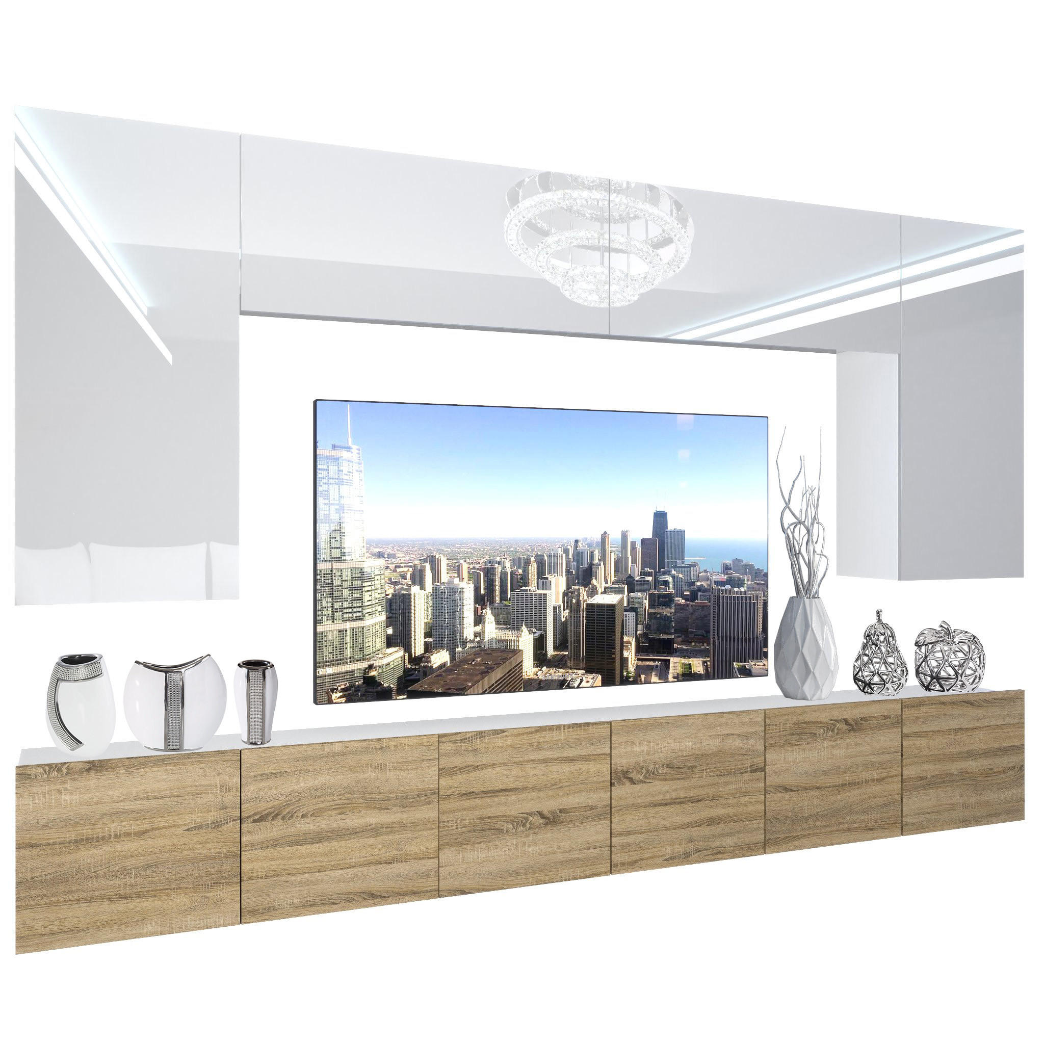 WOHNZIMMERWAND Schrankwand mit LED Weiß / Sonoma Eiche - Weiß/Sonoma Eiche, Holz (300/180/36cm) - B BELINI GROUP
