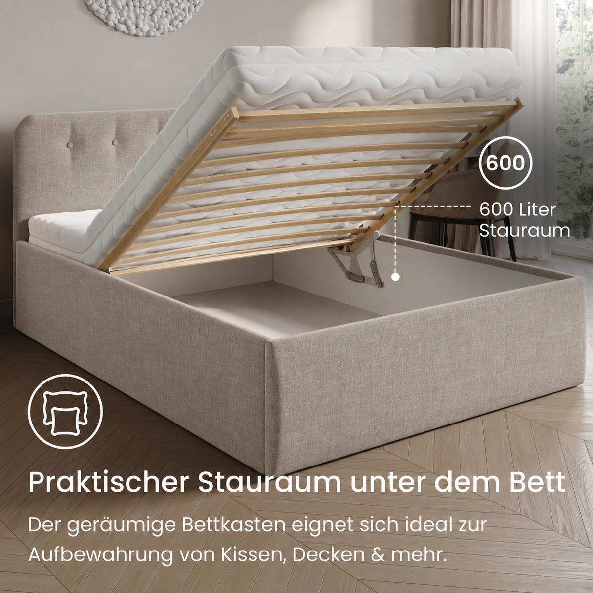 POLSTERBETT mit verstellbarem Lattenrost & Bettkasten, Kaltschaummatratze, 120 x 200 cm in Creme - Creme, Holzwerkstoff/Textil (120/200cm) - Home Collective