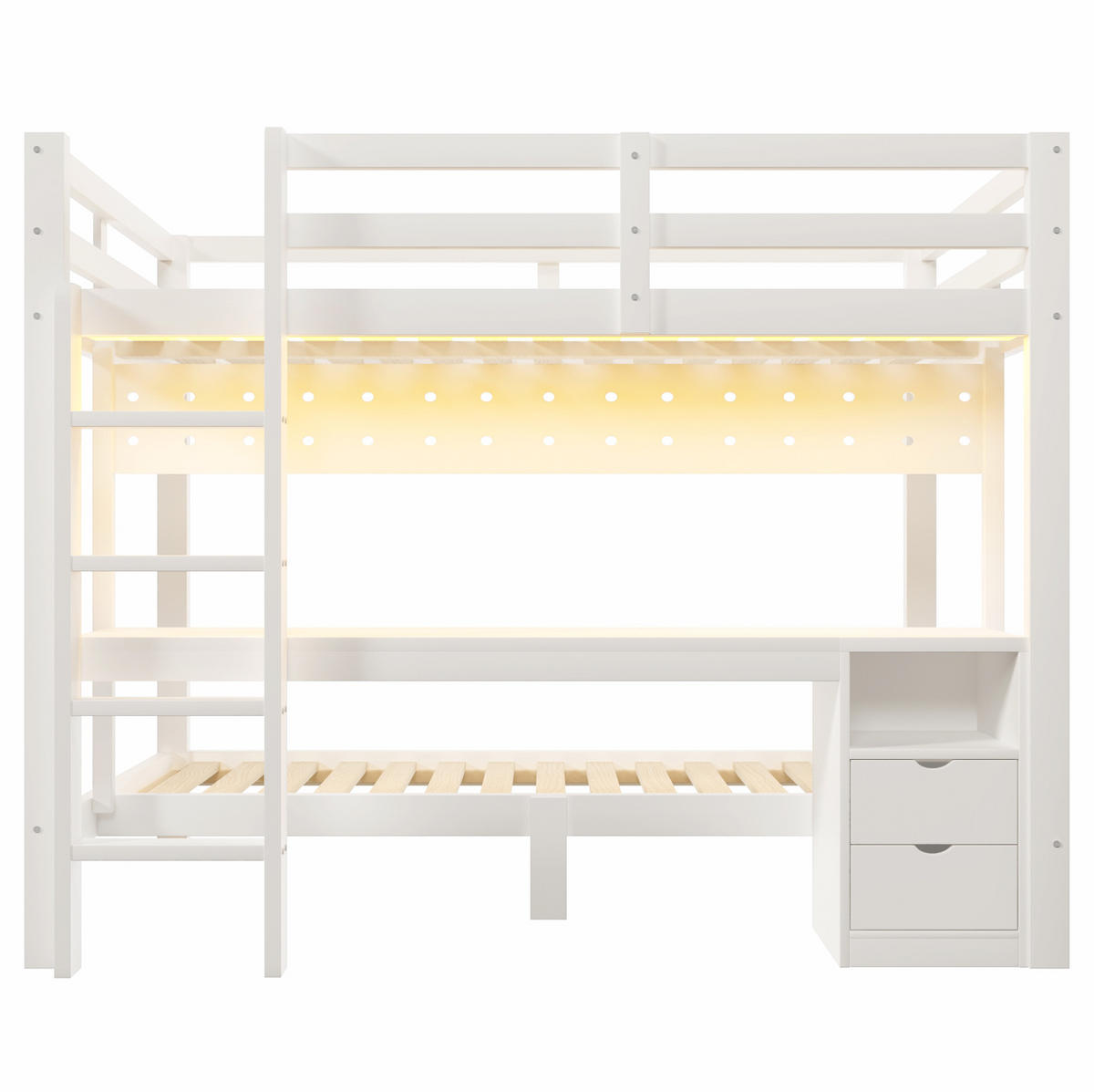 HOCHBETT 90/200 i 140/200 cm mit Schubladen, Schreibtisch und LED-Lichtleiste, Kiefernholz, Weiß/Natur - Weiß, Holz/Holzwerkstoff (90/200cm) - Redom