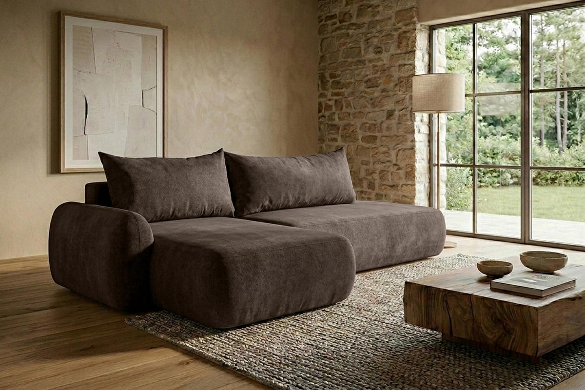 ECKSOFA Mit Schlaffunktion Und Bettkasten, Velvet-Stoff Vena, Braun, Links, HELA I - Braun, Holz (302/184cm) - Kaiser Möbel