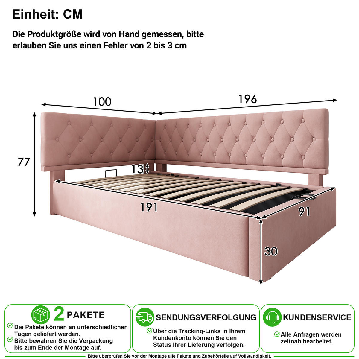 POLSTERBETT 90/190 cm in Rosa mit Bettkasten und Tagesbettdesign Samt - Rosa, Holzwerkstoff/Textil (90/190cm) - CHICFURN