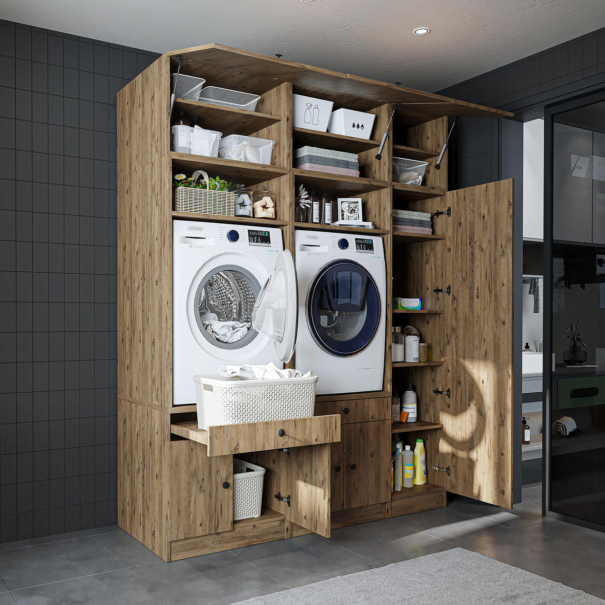 WASCHMASCHINENSCHRANK Serie 1 179cm Breit, 230cm Hoch - Eichefarben, Holzwerkstoff (179/230/67cm)