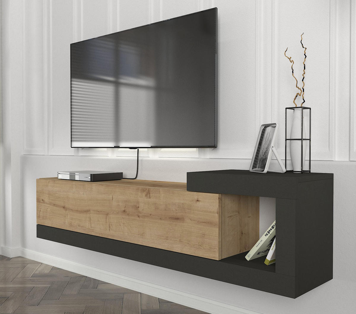 MOEBEL17 TV Lowboard 150 cm – Modernes Lowboard TV Schrank – TV Board Wohnzimmer – Fernsehtisch – TV Möbel Sideboard Modern – Modell Bliss - Anthrazit/Braun, Holzwerkstoff (150/37/30cm) - moebel17