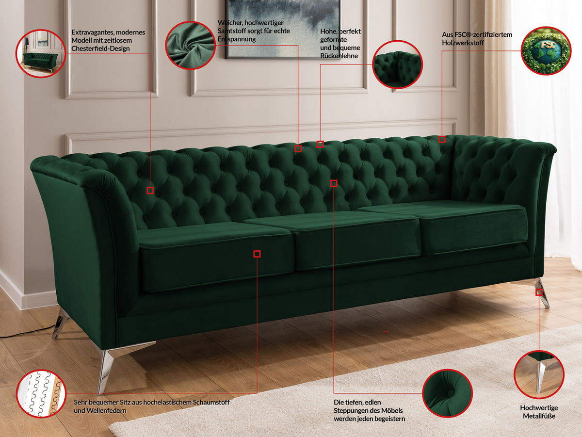 SITZGARNITUR 3+2 Chesterfield Whitby Flasche Grün Samt mit silbernen Füßen - Dunkelgrün/Silberfarben, Holz/Textil (237/78/82cm) - S-Style Möbel