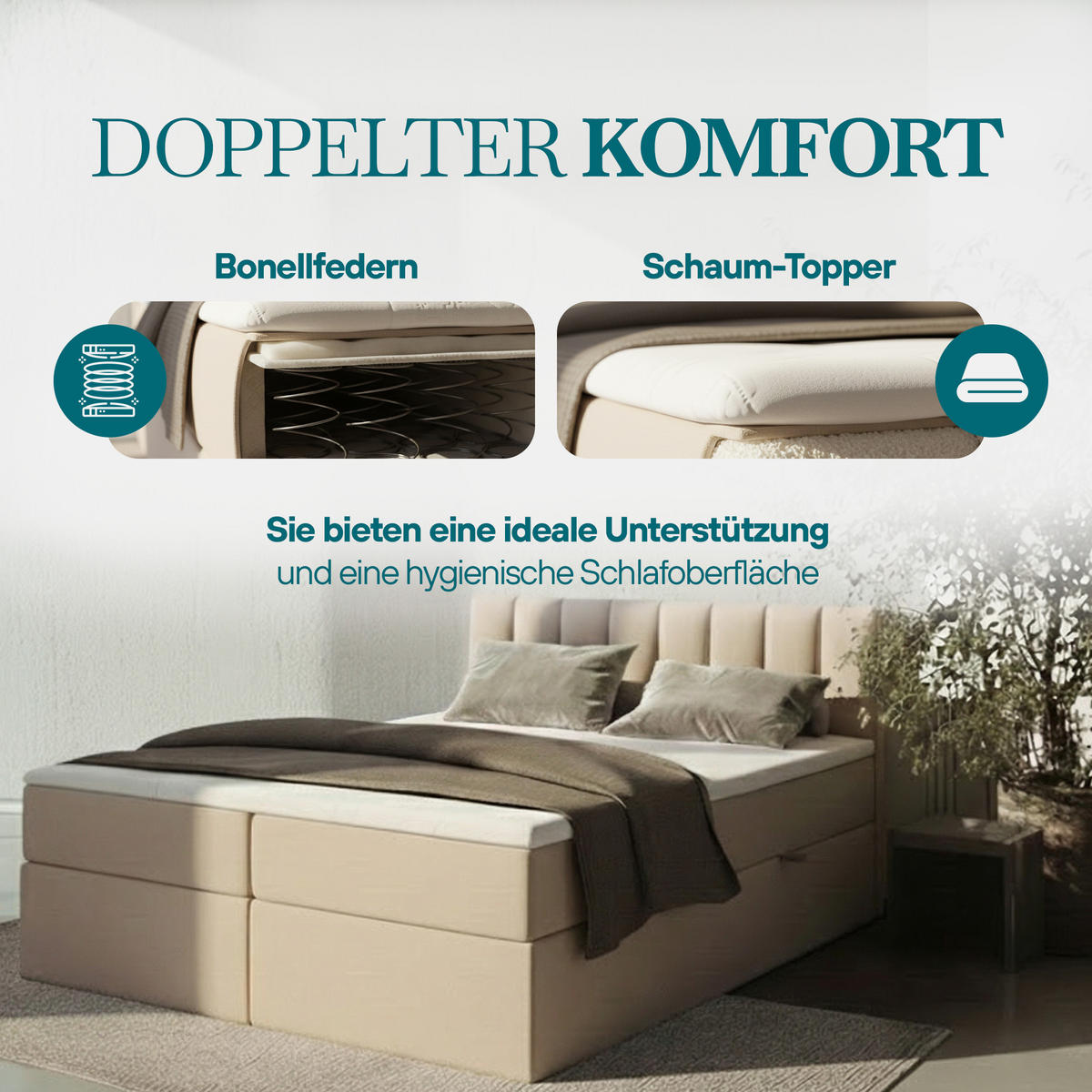 BOXSPRINGBETT PALERMO mit Bettkästen und Bonell Matratze H3 - Beige - 180x200 cm - Beige, Textil (180/200cm) - Trada