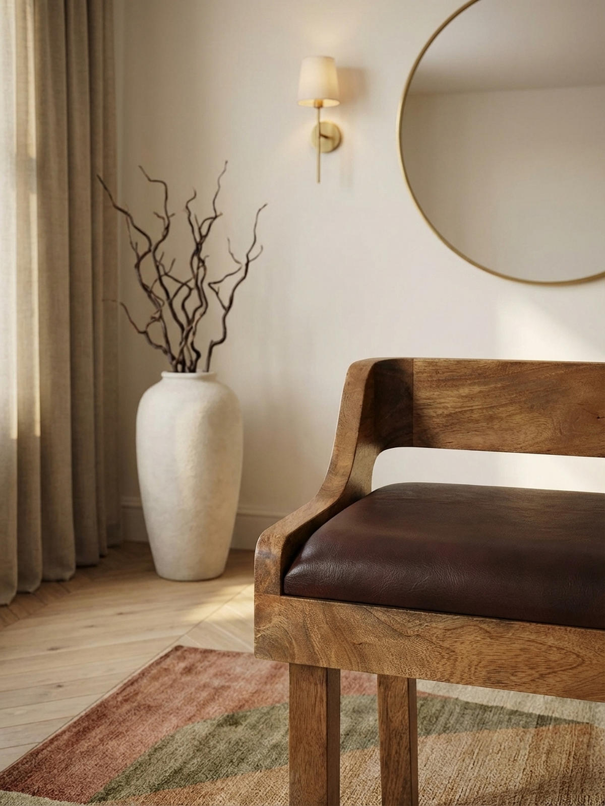 SITZBANK – Echtleder, 108 cm, mit Rückenlehne, Beine Massivholz - Braun, Mangoholz/Leder (108/63/43cm) - KADIMA DESIGN