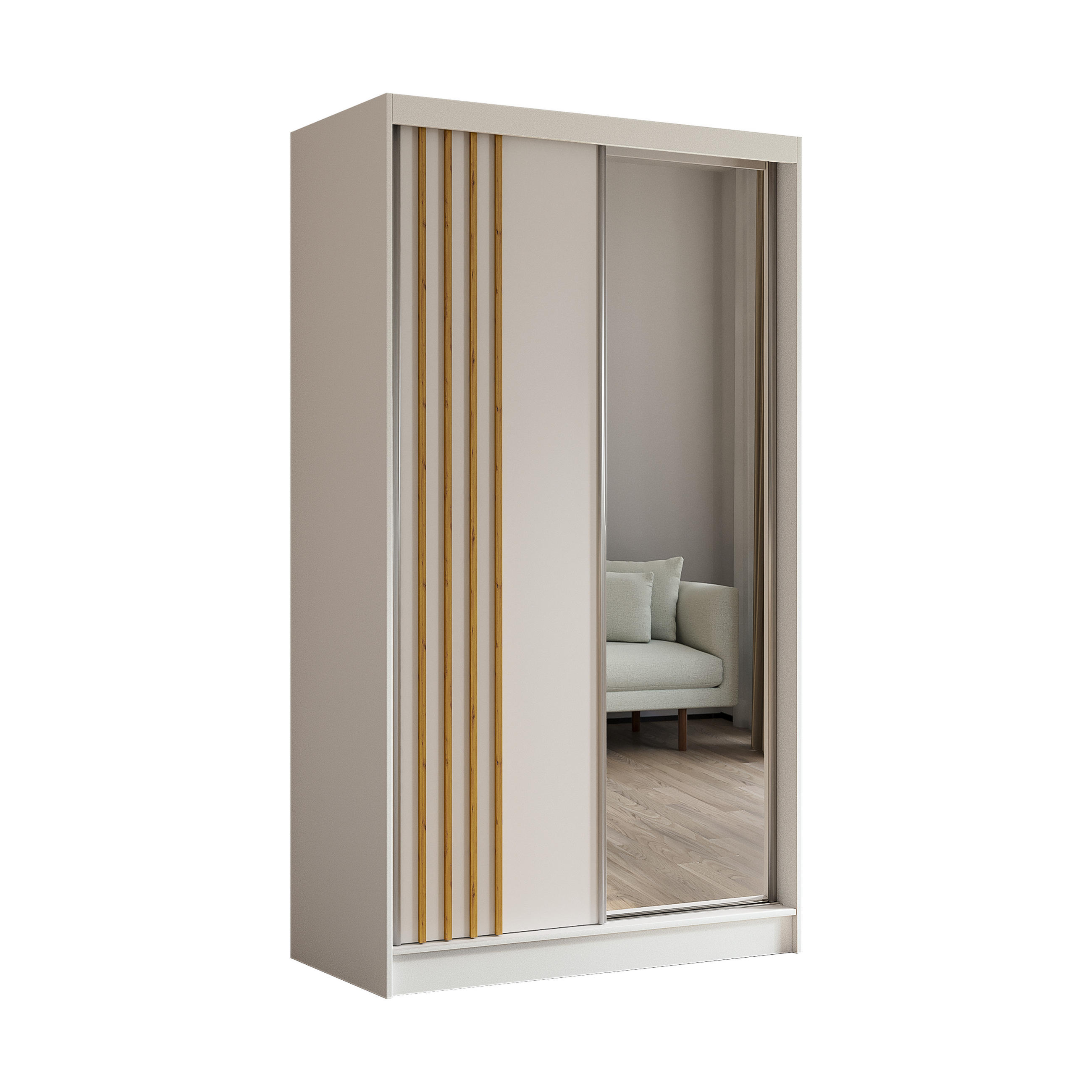 KLEIDERSCHRANK mit Spiegel-Schiebetüren und Aluminium-Leisten - NALLA - 120 cm Weiß+Weiß+Artisan - Weiß/Eiche Artisan, Holzwerkstoff (120/216/61cm) - ALTDECOR