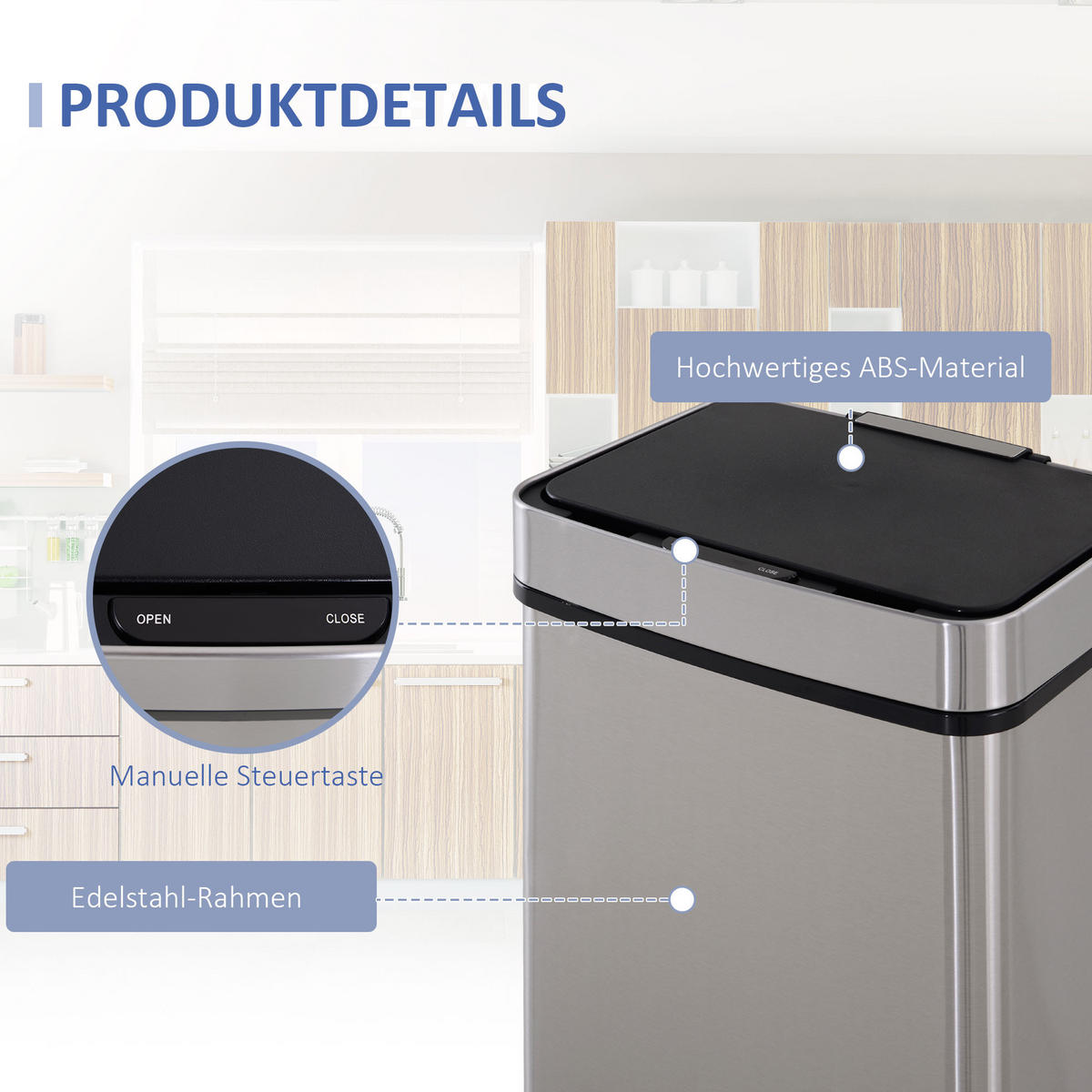 MÜLLEIMER Mülltrennsystem Abfalleimer mit Sensor 72 l 3 Fächer Edelstahl Silber - Silberfarben, Metall (30/81/42cm) - HOMCOM