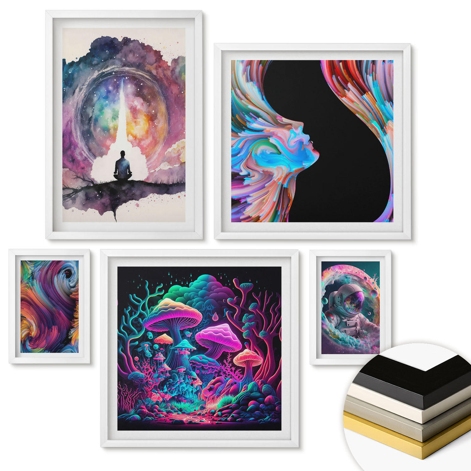 WANDBILDER 5er-Set - 50x50 cm & 20x30 cm & 40x60 cm Weißer Rahmen - Farbenfrohe Fantasy-Kunstillustrationen - Weiß, Kunststoff (40/60cm) - ArtPrintCave