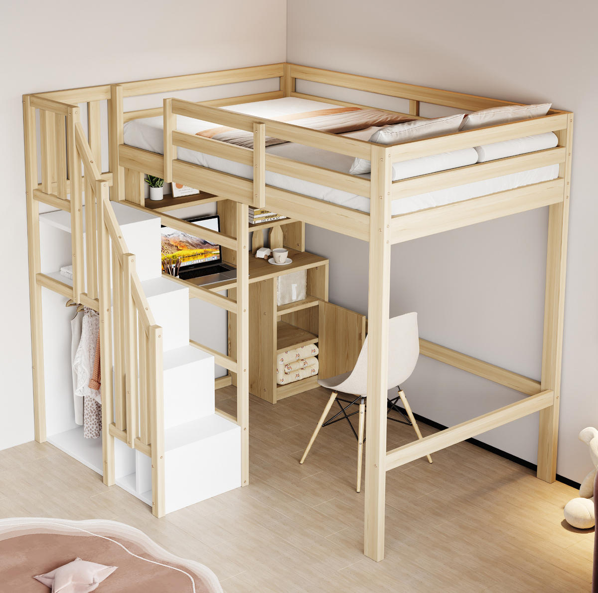 HOCHBETT 90/200 cm Naturholz mit Schreibtisch und Stauraum - Naturfarben, Holzwerkstoff (90/200cm) - OKWISH