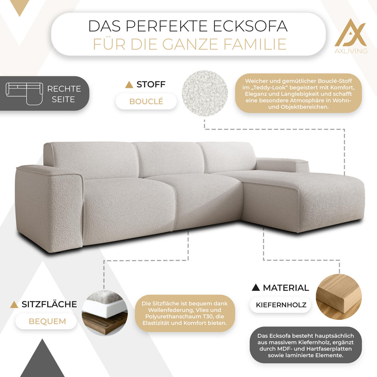 ECKSOFA L Form Didim mini Weiß 310/165/78 cm – stilvolle kleine Eckcouch R - Schwarz/Weiß, Kunststoff/Textil (310/165cm) - AX Living