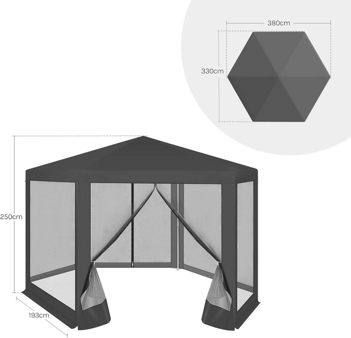 PAVILLON 3,8x3,3 m seckeckig, Gartenpavillon mit Seitenwänden Moskitonetz - Grau, Metall (380/250/330cm) - Woltu