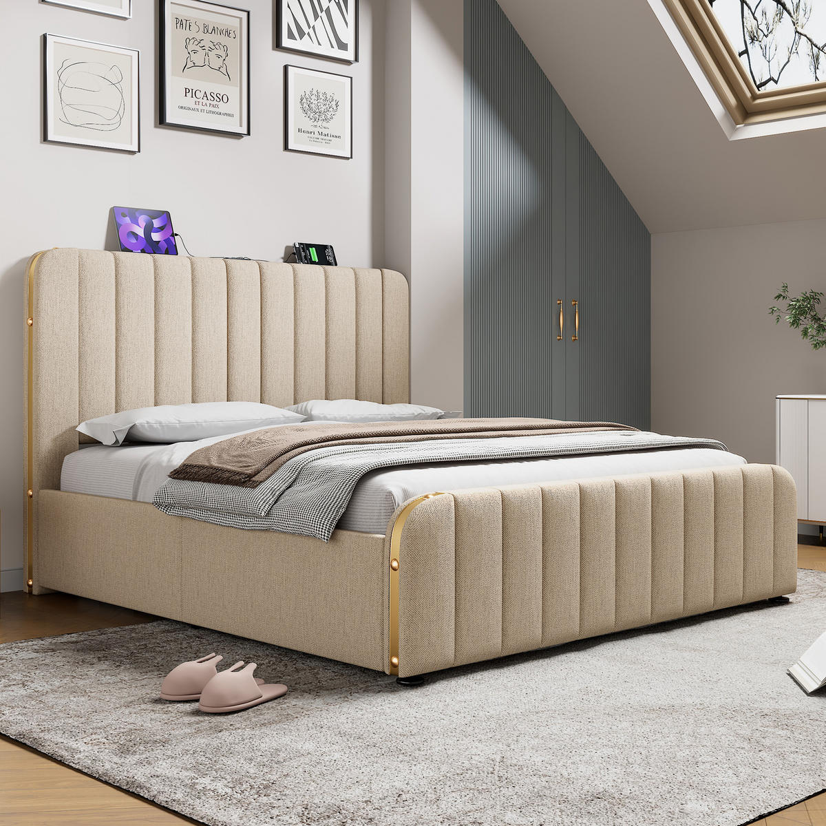POLSTERBETT 180/200 cm mit USB- und Typ-C-Anschluss, hydraulischem Bettkasten und goldfarbenen Zierleisten, Beige - Beige, Textil (180/200cm) - Redom