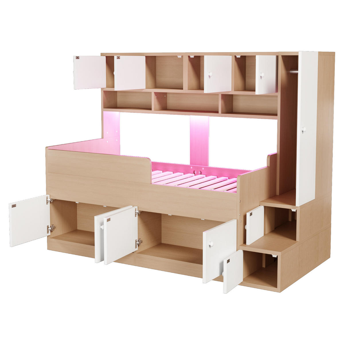 HOCHBETT 90/200 cm aus MDF mit Stauraum, Kleiderschrank, LED-Beleuchtung und Sicherheitsgeländer, farbe - Eichefarben, Holzwerkstoff (90/200cm) - Redom
