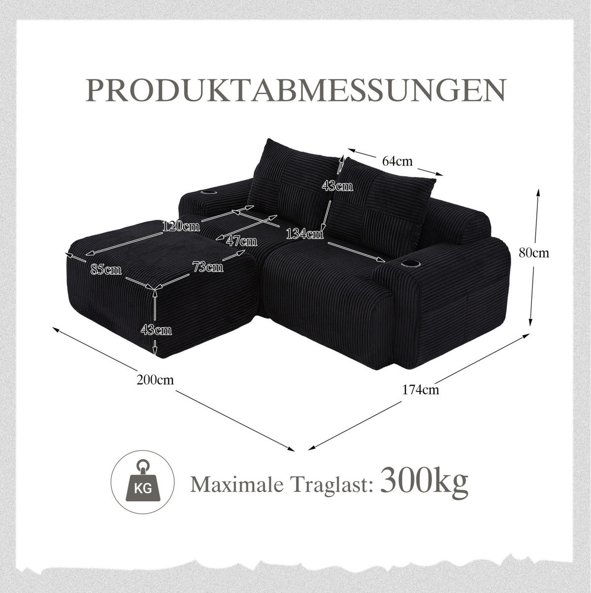 SOFA modular 200 x 174 cm Corduroy Black mit Cupholder - Schwarz, Kunststoff (174/200cm) - Meubliv