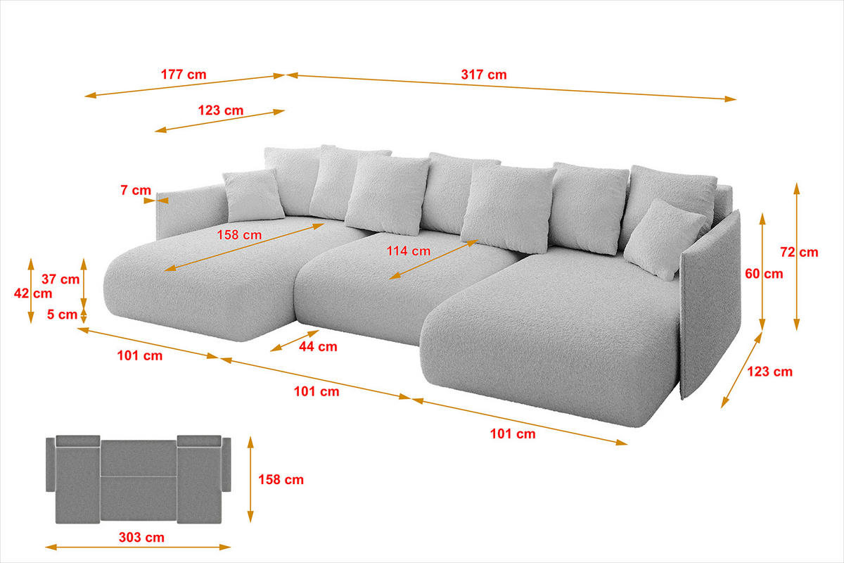 WOHNLANDSCHAFT mit Schlaffunktion und Bettkasten ONESK-U 317x177x72 Hellgrau Bouclé - Hellgrau, Holzwerkstoff/Kunststoff (317/72/177cm) - ALTDECOR
