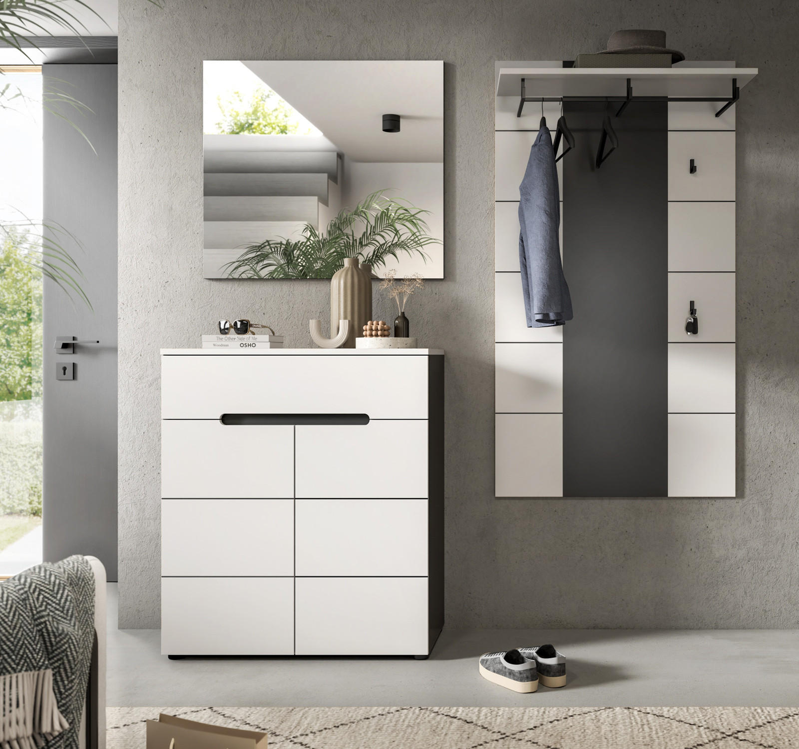 Thumbnail - Inn.Furn Garderoben-Set, Weiß, Grau, Holzwerkstoff, Metall, Glas, Nachbildung, Uni, 3 Fächer, 1 Schubladen, 75x190x37 cm...