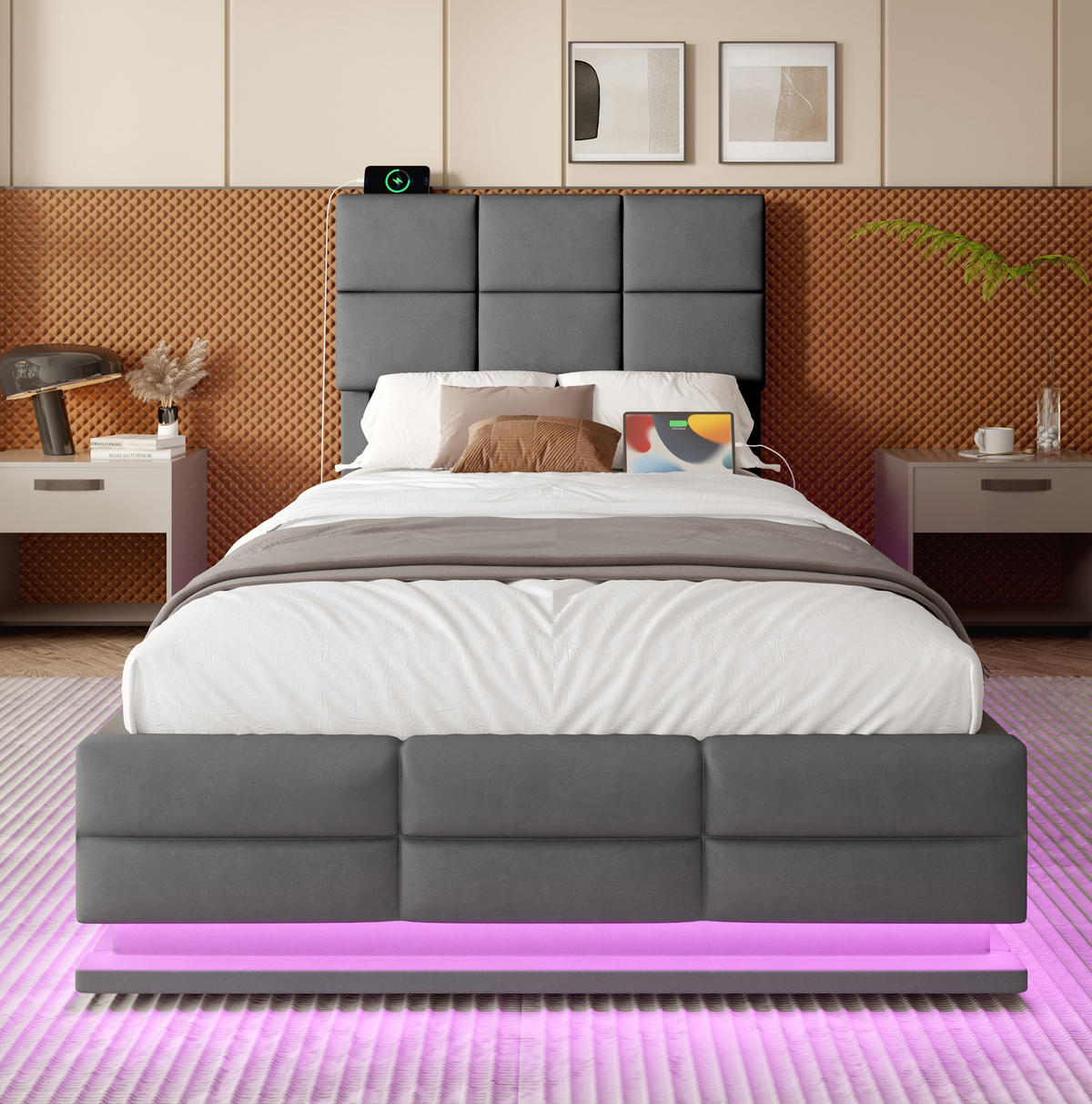 ČALOUNĚNÁ postel ze sametu, 90/200 cm tmavě šedá, LED osvětlení, USB a úložný prostor - tmavě šedá, textil (90/200cm) - Modenvie