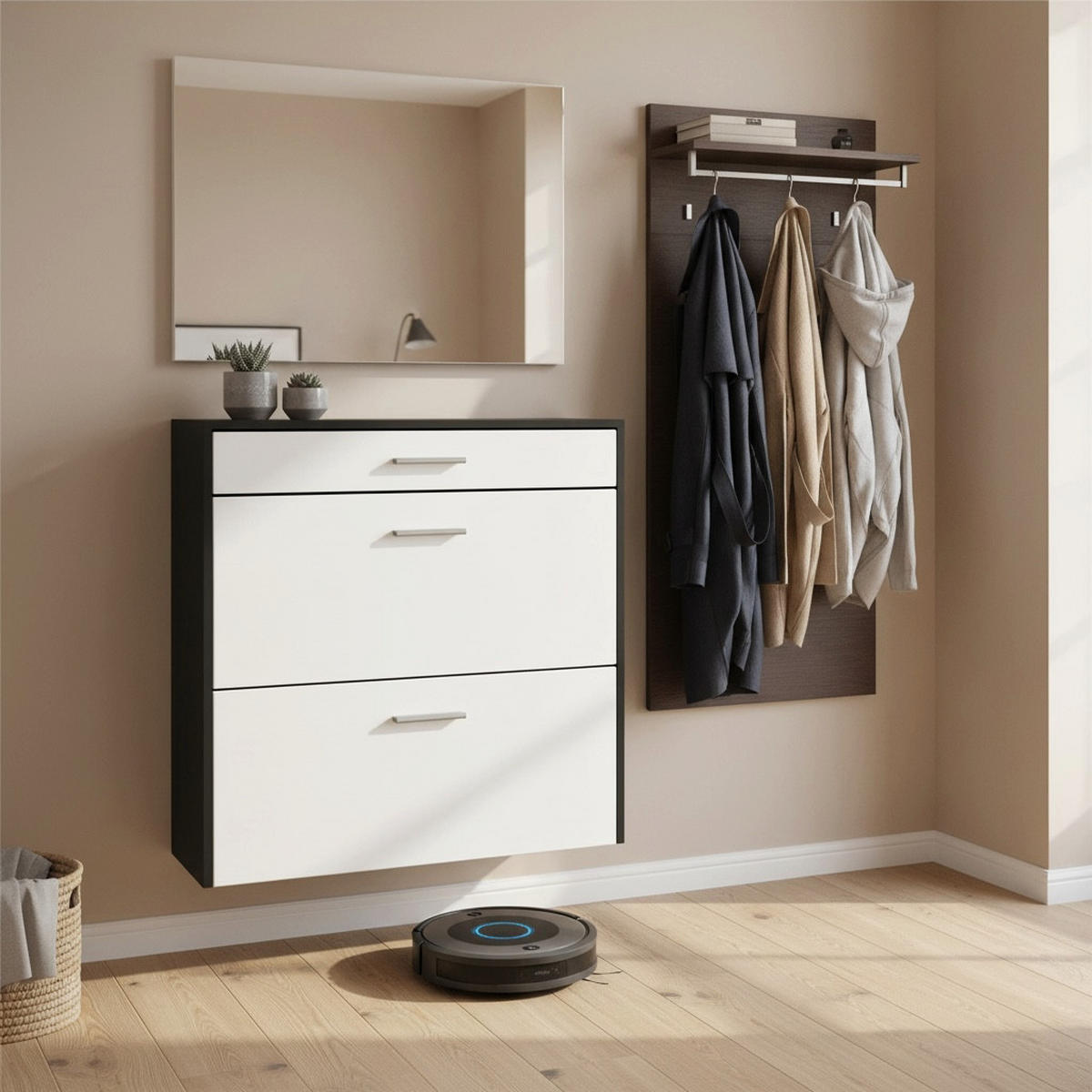 HÄNGENDER-SCHUHSCHRANK Roma Air Schmal mit 2 Klappen und 1 Schublade, Platzsparender Schuhkipper, Schwarz/Weiß matt (89 x 87 x 23 cm) - Weiß, Holzwerkstoff (89/87/23cm) - InnoFurn