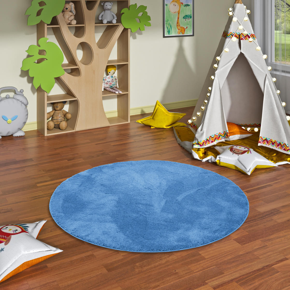 SUPER SOFT KINDER HOCHFLOR TEPPICH SILKY KIDS RUND - Blau, Textil (120/120cm) - Pergamon