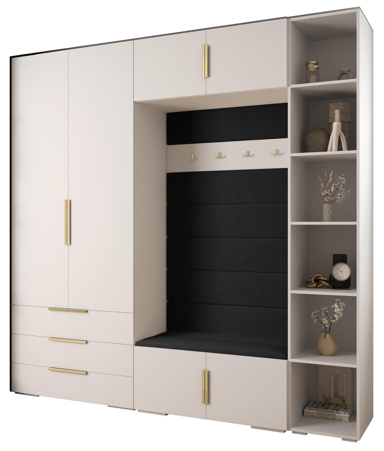Abiks Möbel Garderoben-Set Weiß, Schwarz, Gold 240x236.7x47 cm