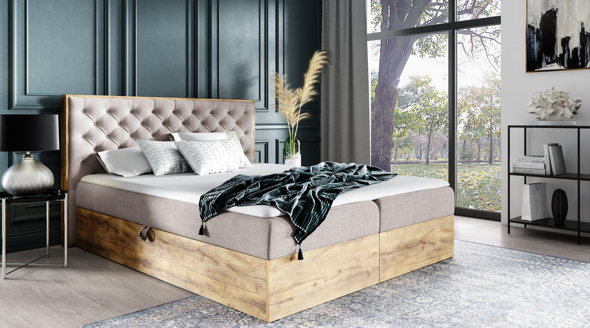 BOXBETT Clavio 160/200 cm in Beige – mit Bettkasten und Topper - Beige/Schwarz, Holz/Holzwerkstoff (160/200cm) - AX Living
