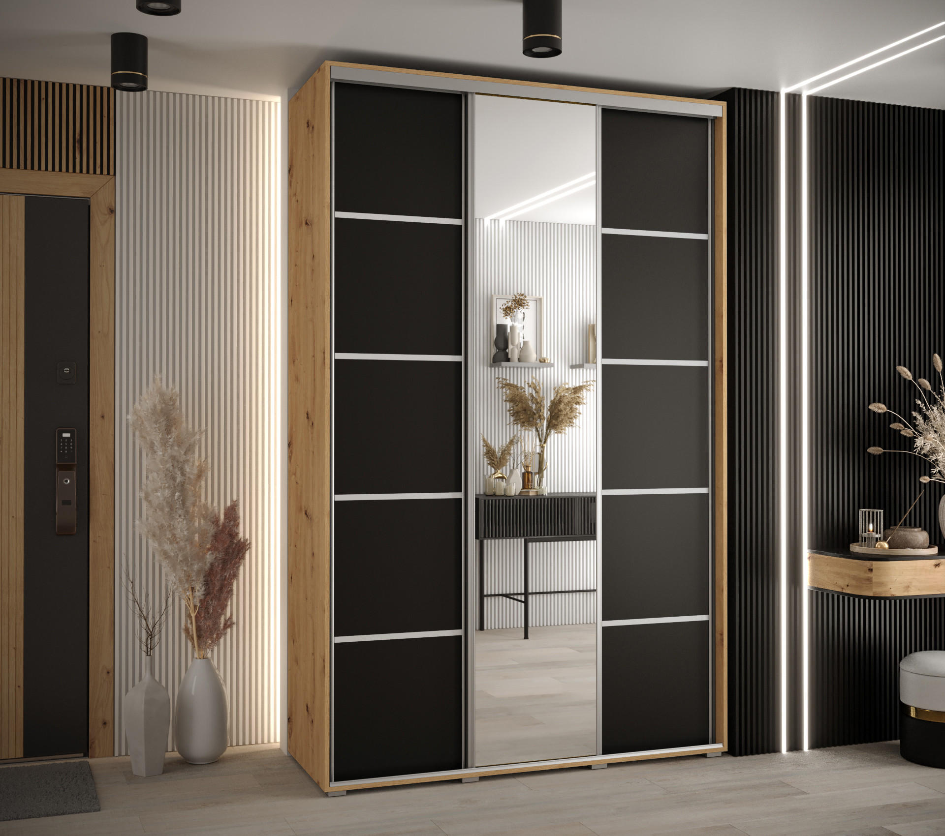 SCHWEBETÜRENSCHRANK 235,2/160/60 3-türig - Silberfarben/Schwarz, Holz/Metall (160/235/60cm) - Abiks Möbel