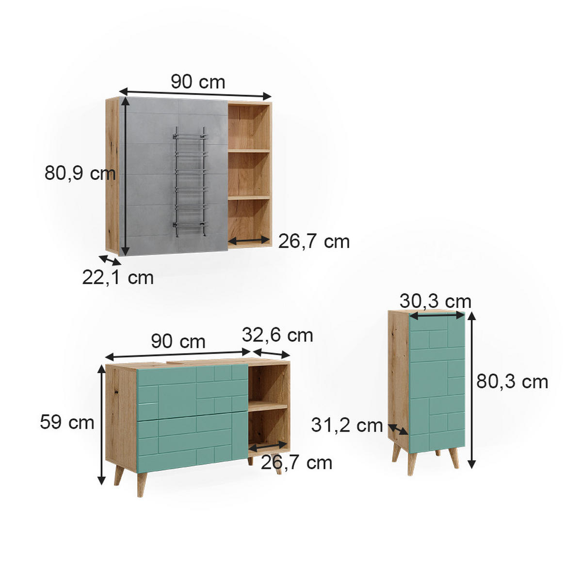 BADMÖBEL-SET Rudi Mintgrün 3 Teile - Eichefarben/Mintgrün, Holzwerkstoff (90/59/32cm) - Vicco