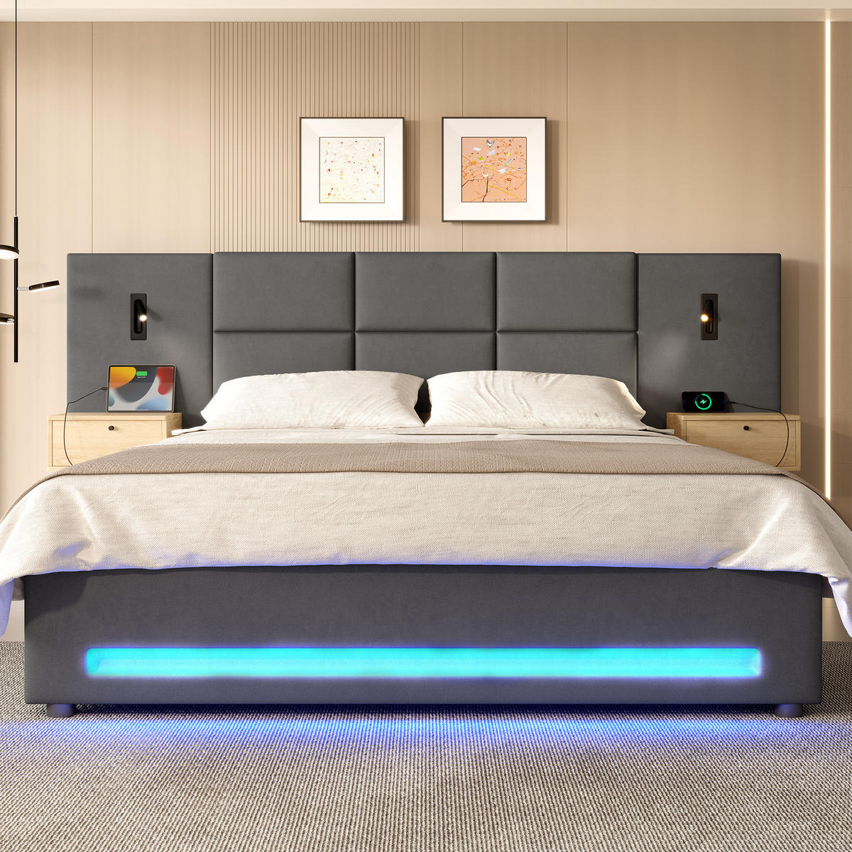 POLSTERBETT 180/200 cm in Dunkelgrau Samt mit Bettkasten, LED, USB-C und Schubladen - Dunkelgrau, Holzwerkstoff/Textil (180/200cm) - CHICFURN