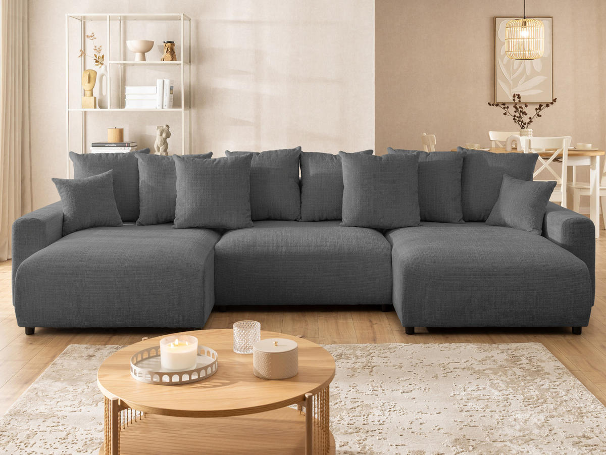 WOHNLANDSCHAFT Calma mit Schlaffunktion und Bettkasten im Bumpy-Design aus weichem Grau Chenille-Stoff - Schwarz/Grau, Holz/Kunststoff (336/88/140cm) - S-Style Möbel