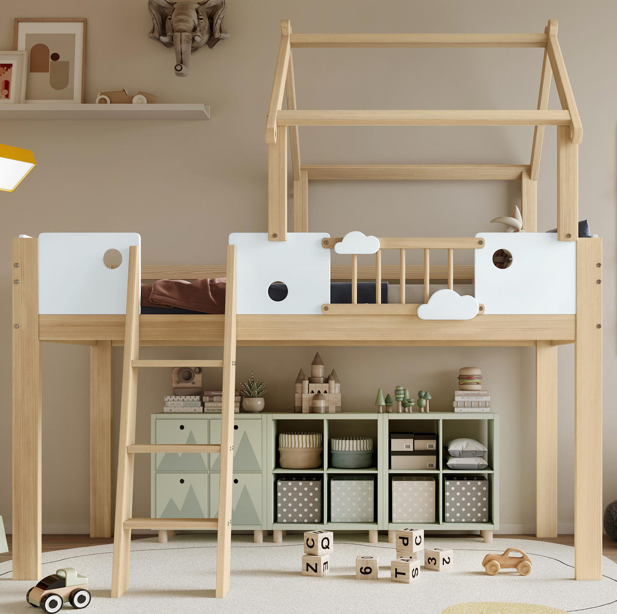 HOCHBETT aus Kiefernholz, MDF und Sperrholz 90x200 cm Weiß/Natur mit Dachdesign und Fallschutz - Naturfarben, Holzwerkstoff (90/200cm) - IVMEU