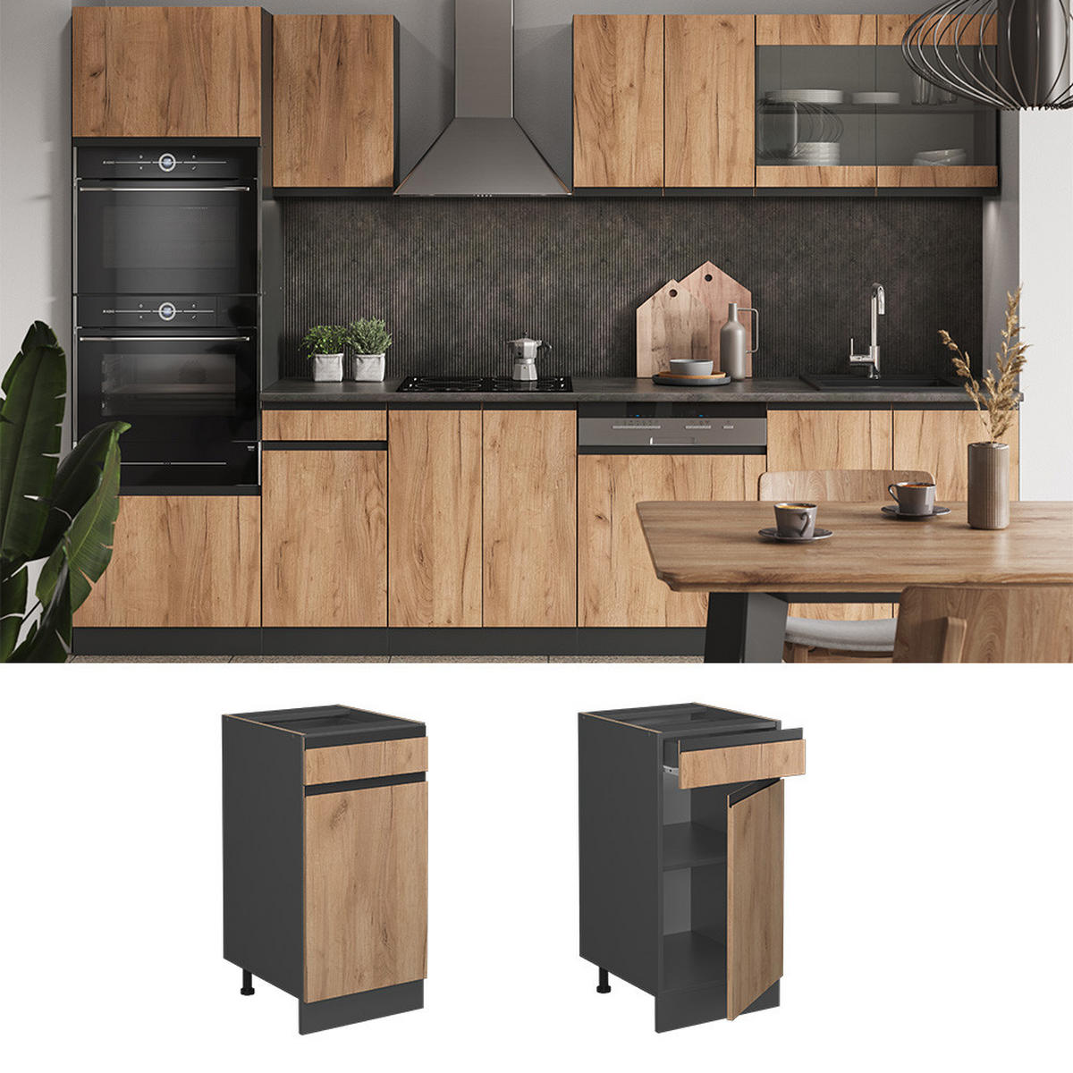 KÜCHENUNTERSCHRANK R-Line Goldkraft Eiche 40 cm, AP Anthrazit - Anthrazit/Eiche Wotan, Holzwerkstoff (40/81.6/60cm) - Vicco