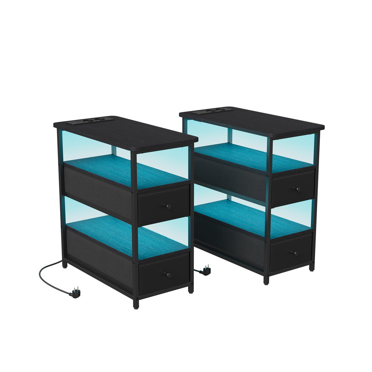 NACHTTISCH LED USB 2 Schubladen 2 Fächer schwarz - Schwarz, Holz (58/28/60.5cm) - LEBENLANG