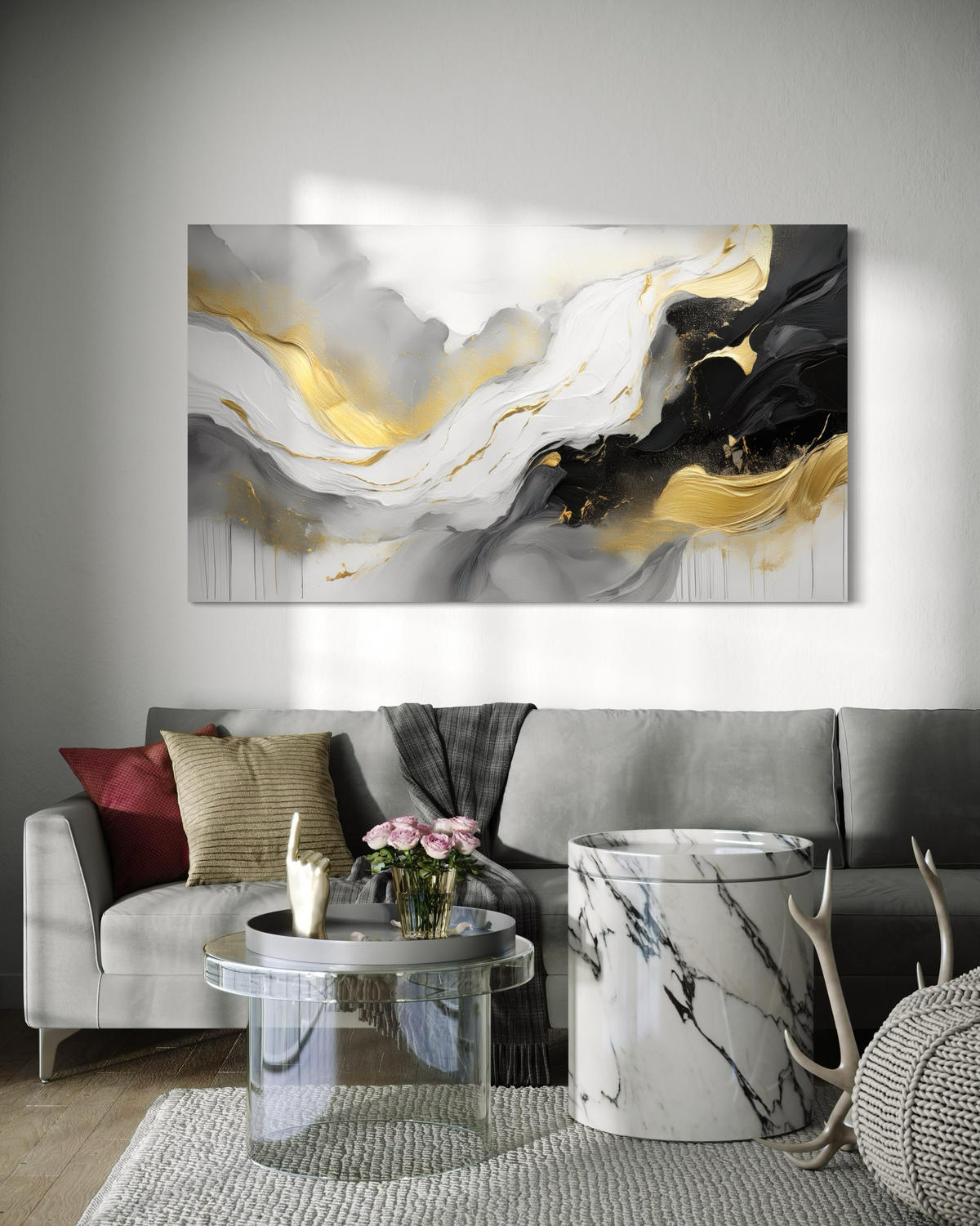 WANDBILD wellen aquarell abstraktion - Goldfarben, Textil (60/40cm) - Feeby