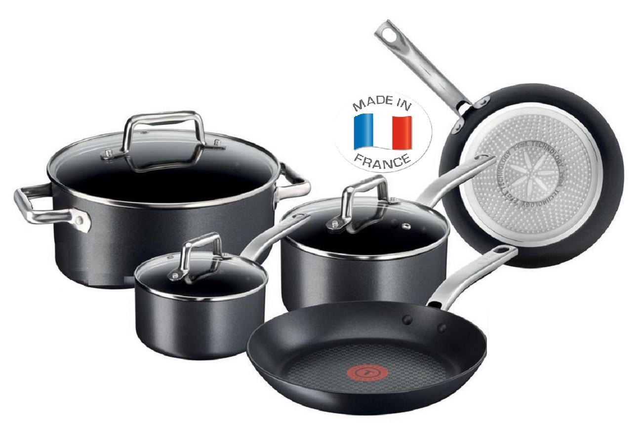 TOPFSET Prograde C55654 8-teilig Schwarz Edelstahl, Induktion, Kochtöpfe, Kochgeschirr, Glasdeckel, hitzebeständig, Küchenzubehör, alle Herdarten - Silberfarben/Schwarz, Metall - Tefal