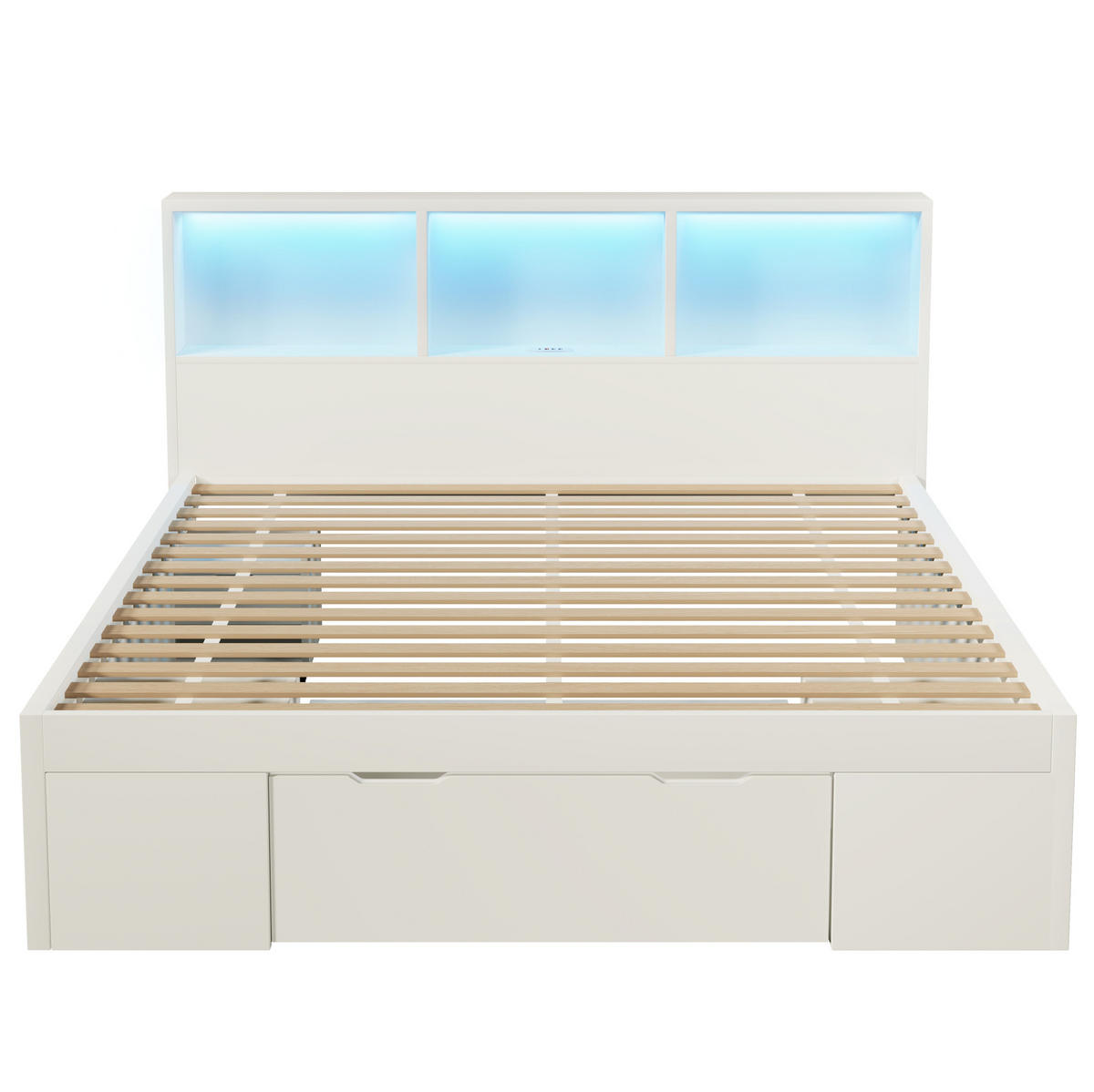 BETT 140/190 cm mit LED-Beleuchtung, USB-C, Stauraum und beweglichem Nachttisch, Weiß - Weiß, Holzwerkstoff (140/190cm) - Redom