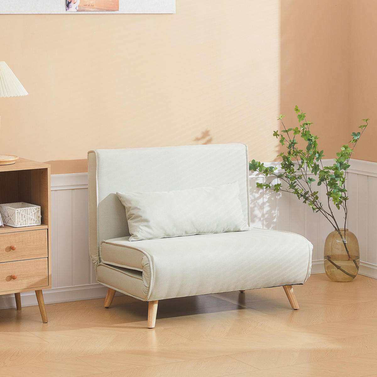 EINZELSOFA Sofabett Klappsofa verstellbar Rückenlehne nordisch skandinavisch - Creme/Naturfarben, Holz/Textil (78/80/94cm) - HOMCOM