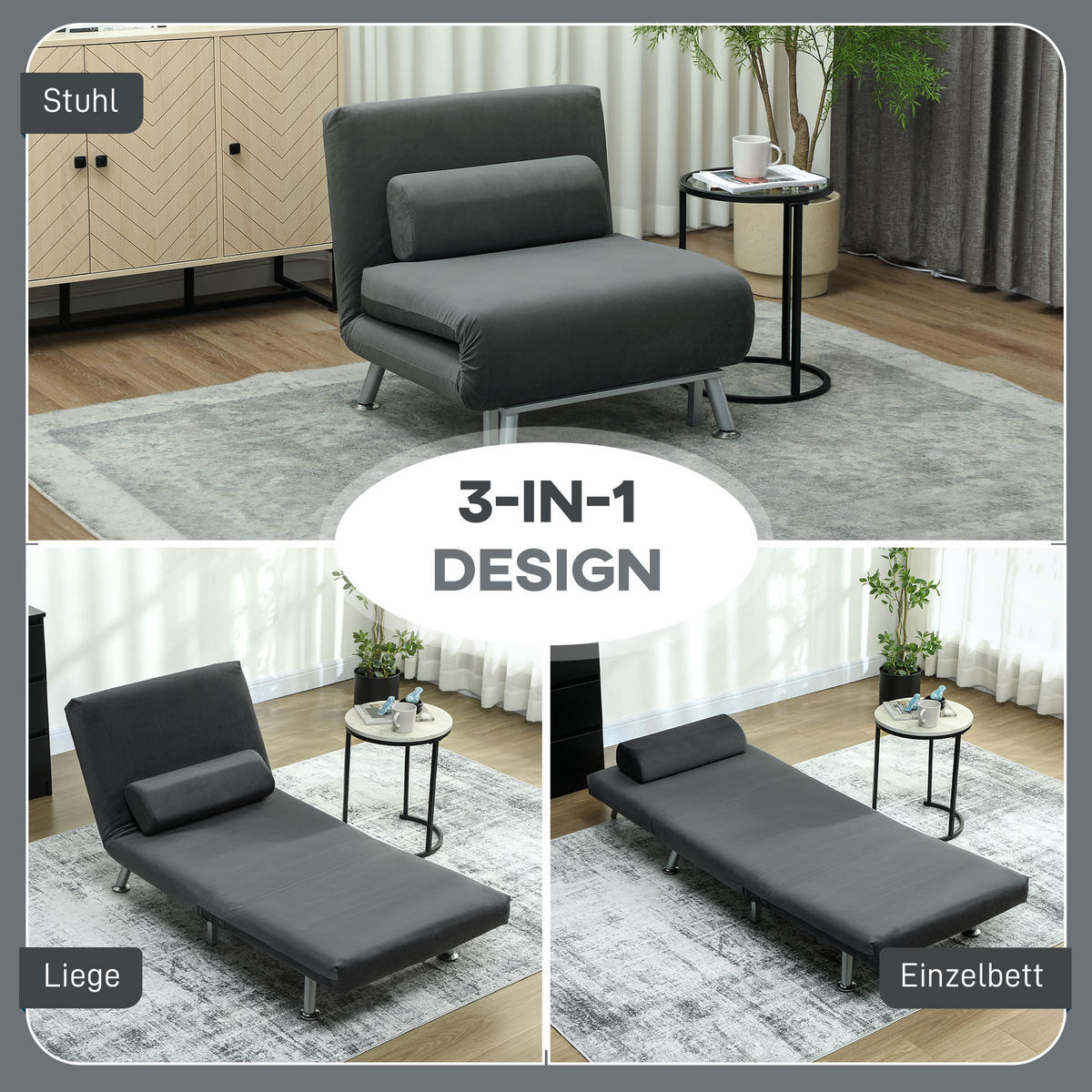 KLAPPBAR Schlafsessel Schlafsofa Klappmatratze Bett Gästebett Dunkelgrau - Dunkelgrau/Silberfarben, Textil/Metall (70/75/75cm) - HOMCOM