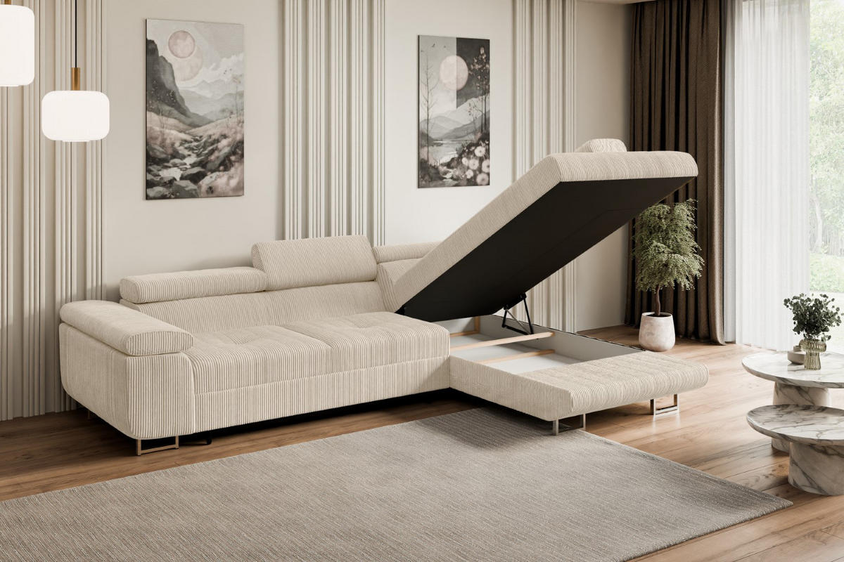 ECKSOFA mit Schlaffunktion und Bettkasten GUSA-L 272x202x107 cm Beige Cord - Beige/Silberfarben, Holzwerkstoff/Textil (272/202cm) - ALTDECOR