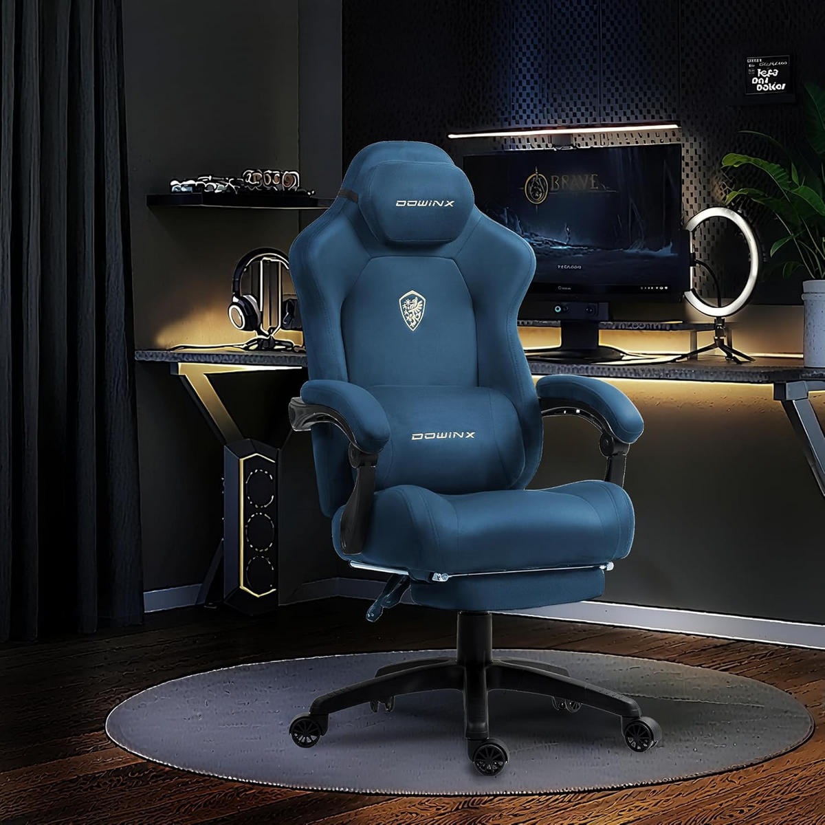GAMING-STUHL Mikrofaser-Velours & Lendenkissen, Fußstütze 160° Neigbar - Blau, Leder (70/132/70cm)