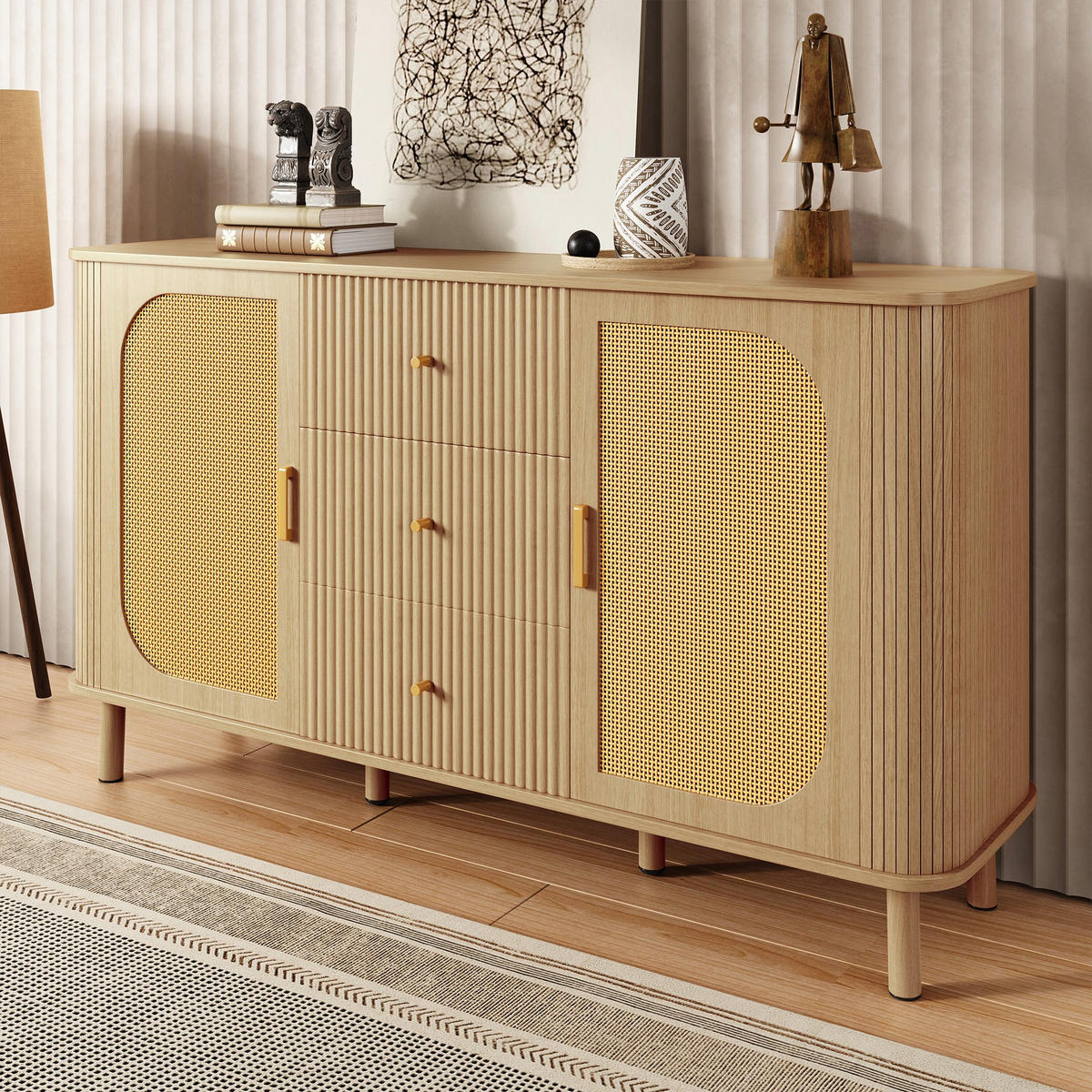 BUFFET in Naturholz- und Rattanoptik, Beige - Naturfarben, Holzwerkstoff (40/80/140cm) - Urban Meuble