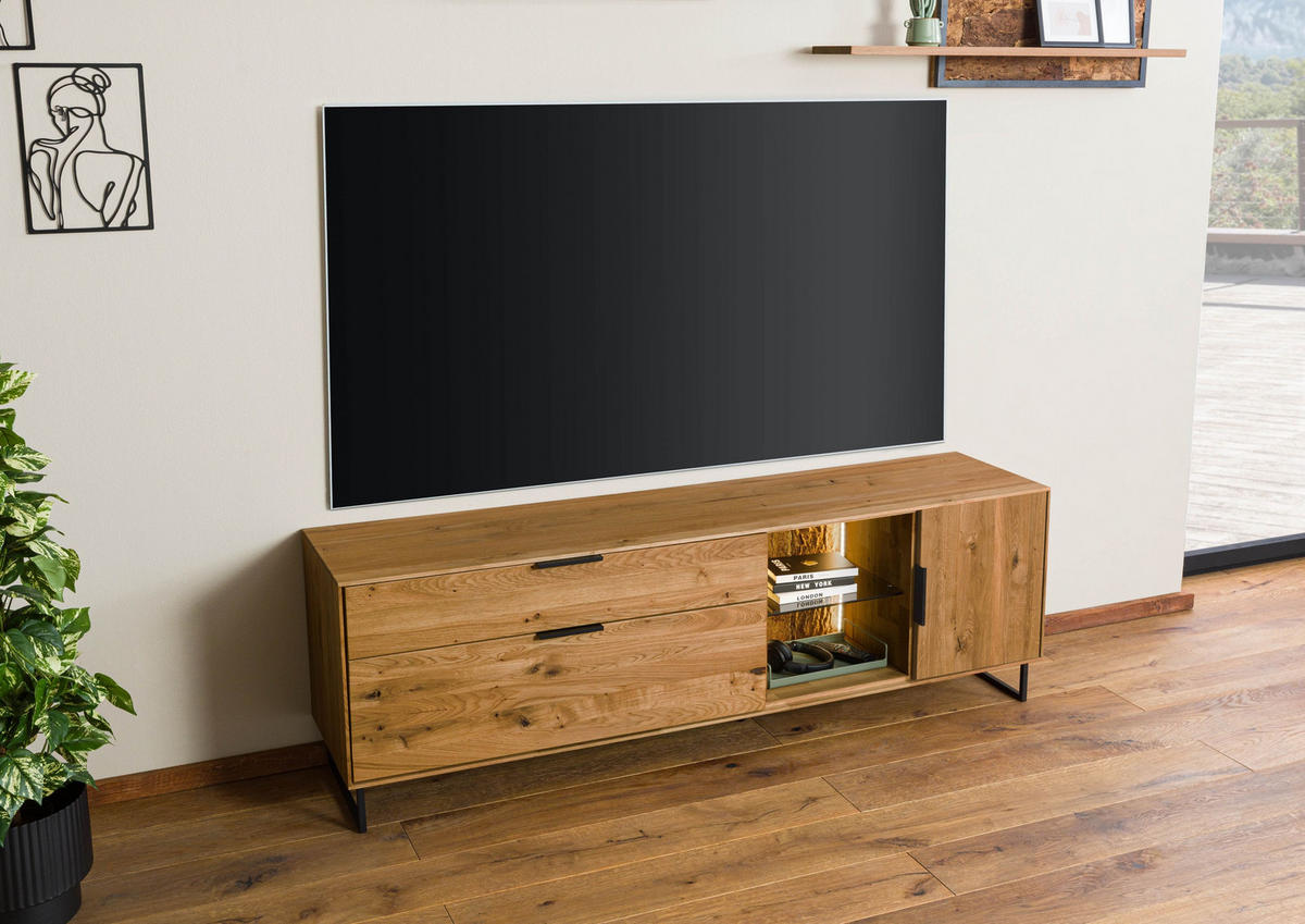 LOWBOARD Wildeiche mit Holztür 180x43x59 natur geölt LINDAU #25 - Naturfarben, Holz (43/59/180cm) - Massivmoebel24