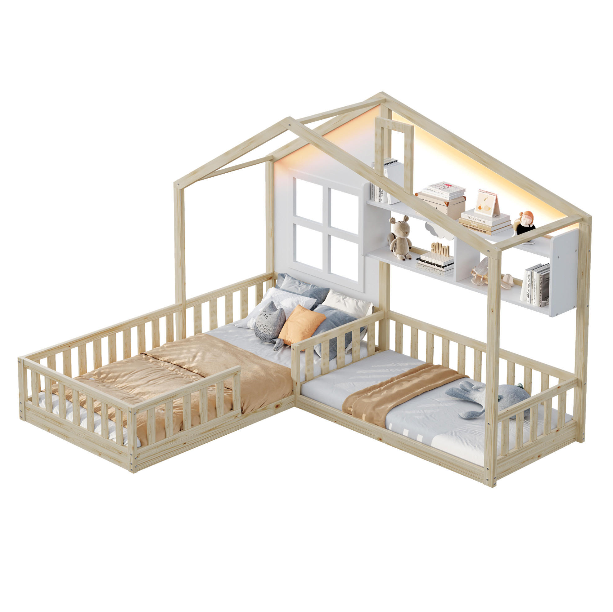 KINDERBETT 90/200 cm in Hausform mit Regalen, LED und Rausfallschutz - Naturfarben, Holz (90/200cm) - BEAOK