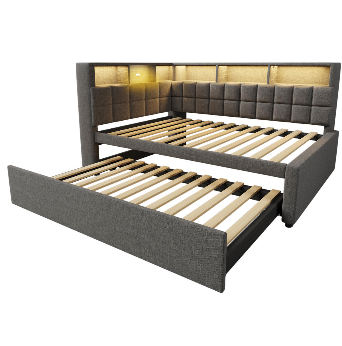 ČALÚNENÁ posteľ z ľanovej zmesi 90x200 cm sivá s výsuvným lôžkom, LED, Bluetooth, USB a Type-C - sivá, textil (90/200cm) - Modfu
