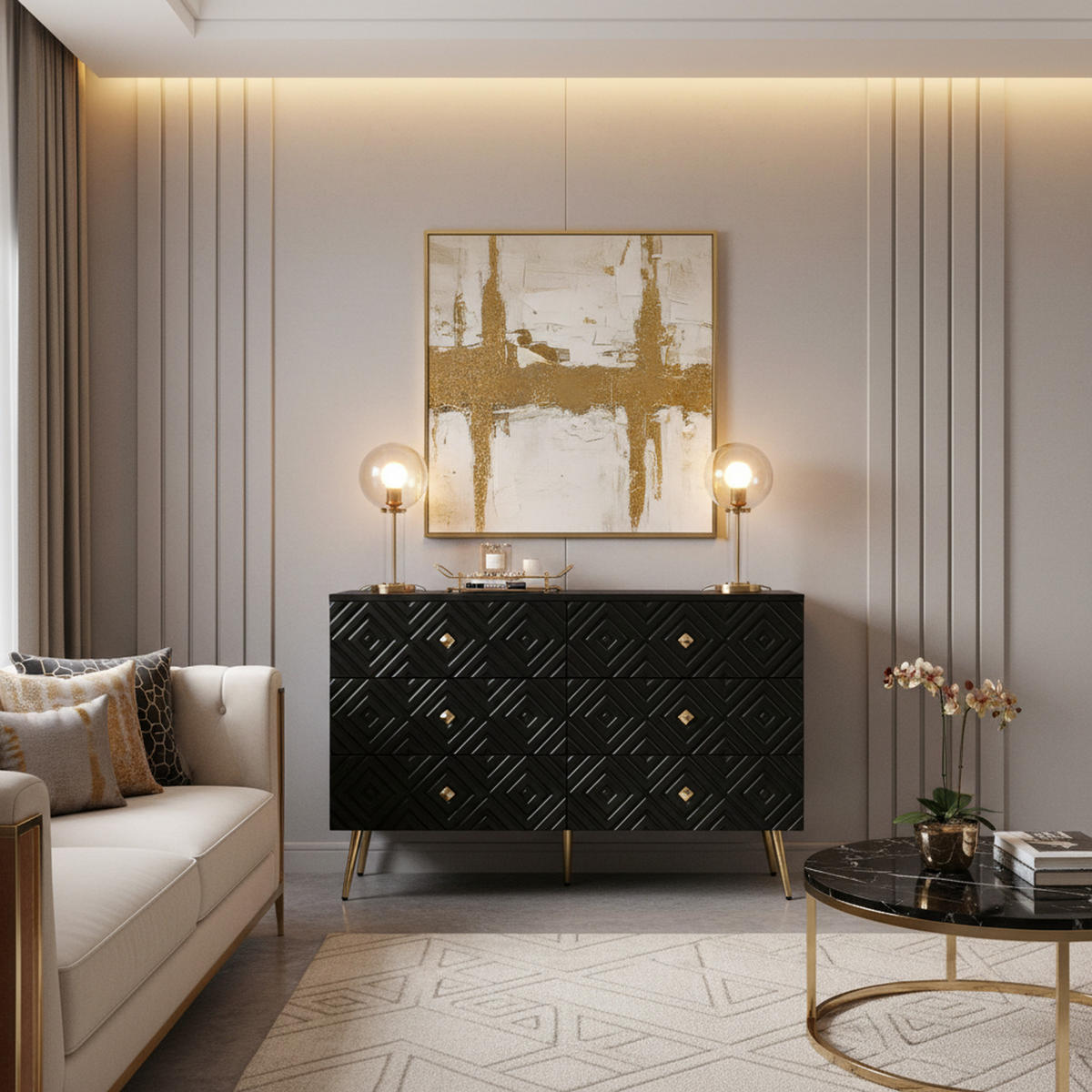 SIDEBOARD mit 6 Schubladen und geometrischem Muster Schwarz - Schwarz, Holzwerkstoff (40/80/120cm) - Urban Meuble