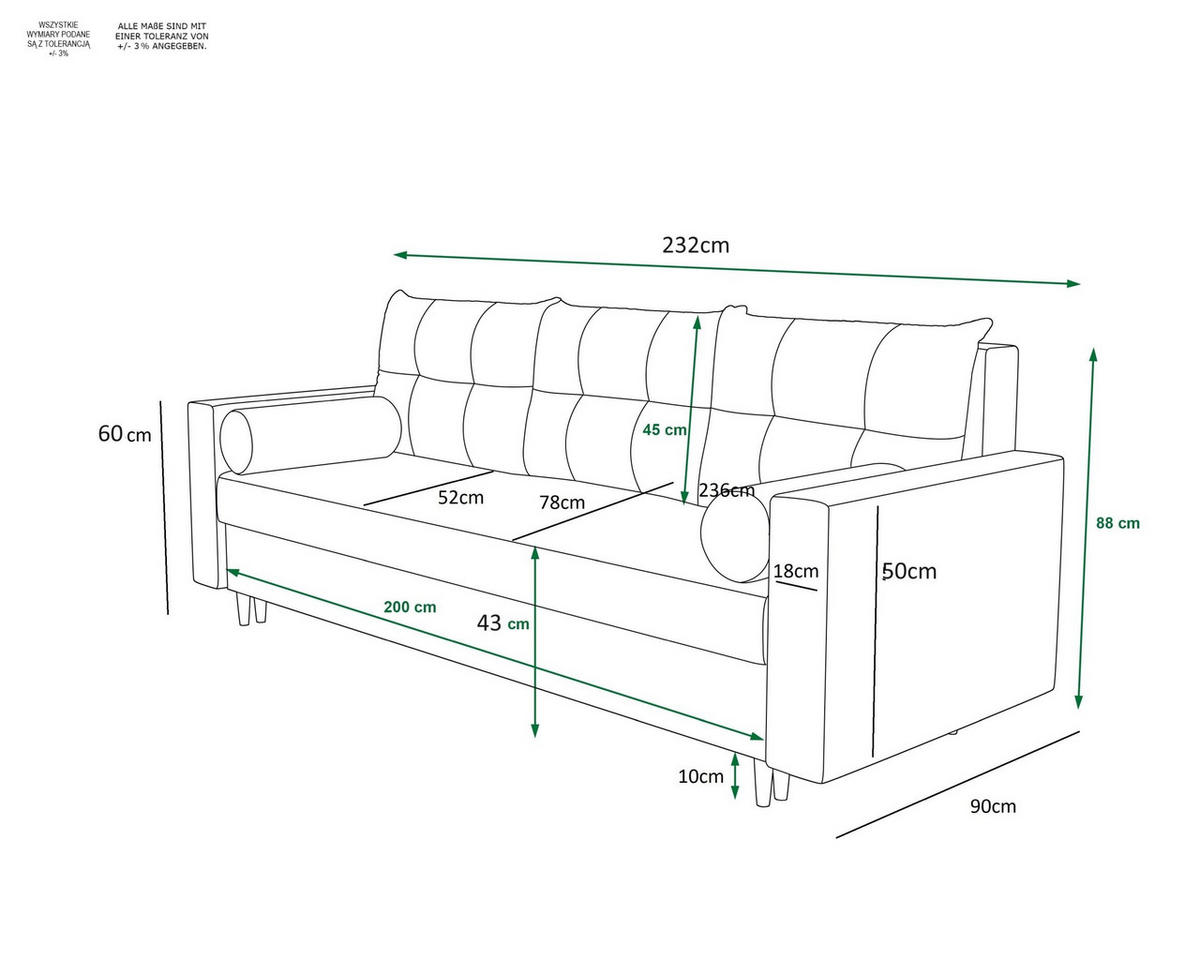 SOFA SKANDI mit Schlaffunktion ITAKA 33 mit Stauraum - Goldfarben, Textil (90/88/232cm) - Bedante