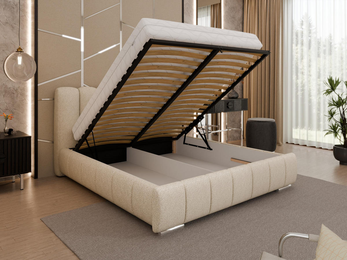 POLSTERBETT Zaira 160x200cm – Elegantes Polsterbett für modernen Wohnstil , Taschenfederkernmatratze Pocket KOKOS (20cm), beige - Beige, Holz - Panda Möbel