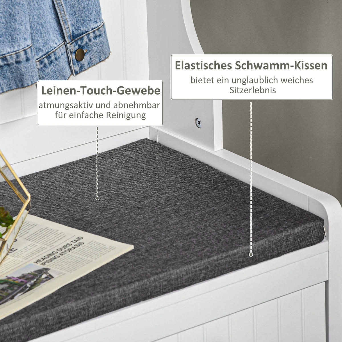 2-IN-1 Garderobenständer, Kleiderständer mit 4 Haken, Garderobe mit Schuhbank - Weiß/Grau, Holzwerkstoff/Textil (42/172/89cm) - HOMCOM
