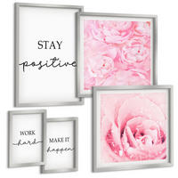 BILDER SET 5er Set - 50x50 cm & 20x30 cm & 40x60 cm Silberner Rahmen - Minimalistische rosa Blüten - Silberfarben, Kunststoff (40/60cm) - TULUP