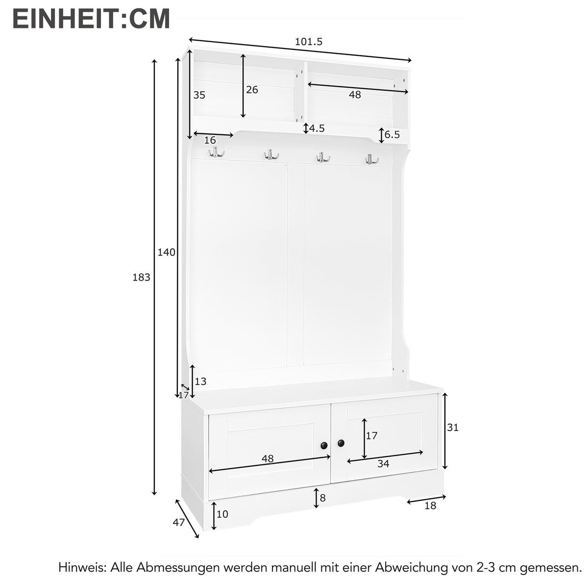 GARDEROBE 101,5/183 cm Weiß aus Spanplatte mit Sitzbank - Weiß, Holzwerkstoff (101/183/47cm) - OKMYHOME